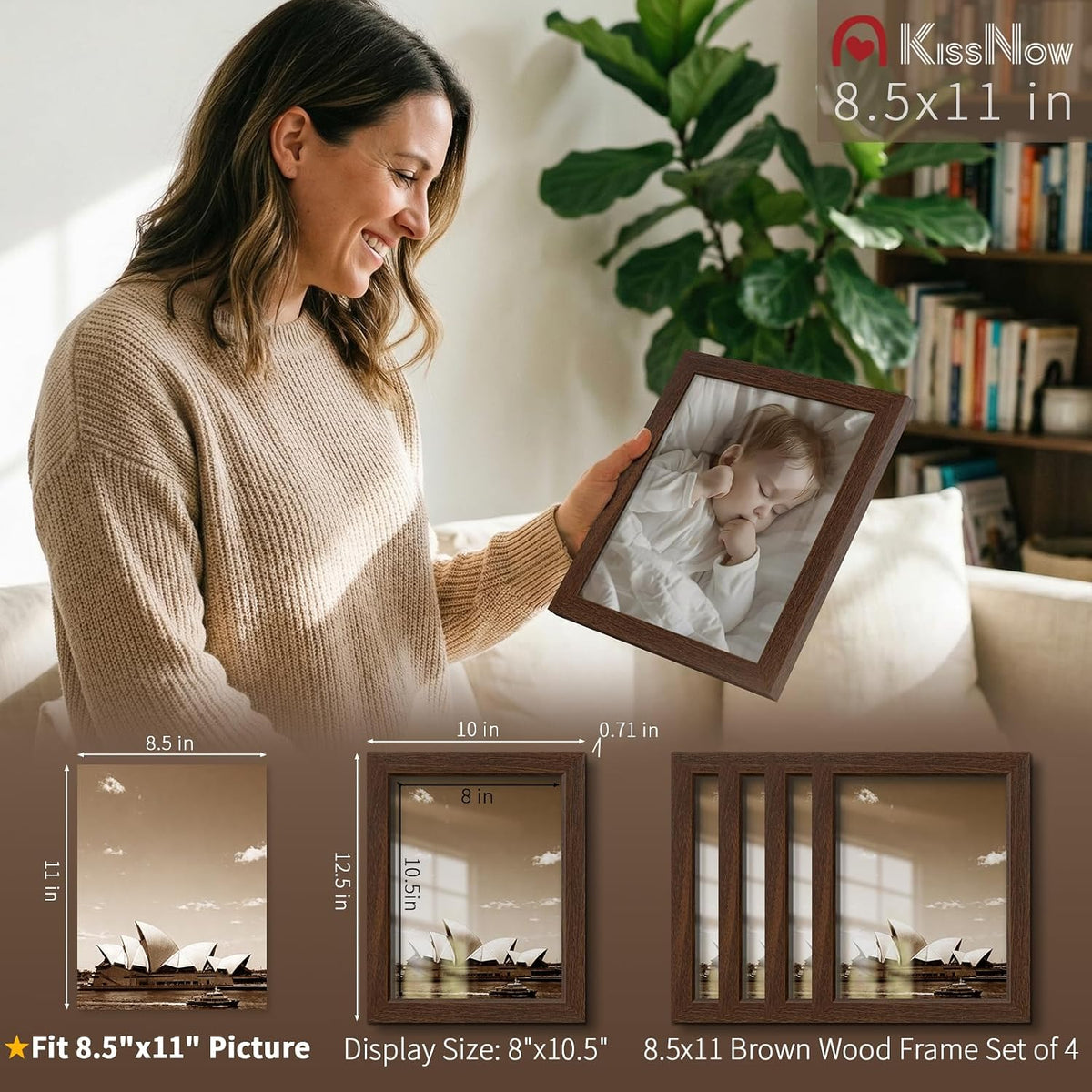 8.5 by 11 Picture Frame 4 Pack, Brown Solid Wood Diploma Frame | Tempered Glass, Thick & Wide Border, Vertical or
