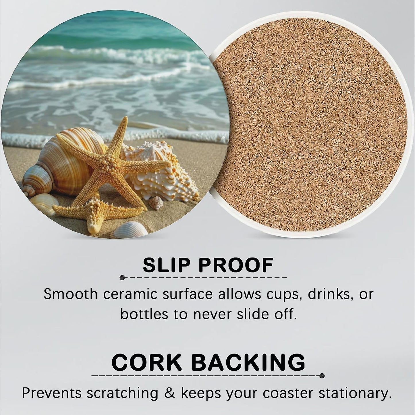 Beach Starfish Shell Absorbent Round Ceramic Stone Mat Coaster / Beach,starfish Shell / Set of 6