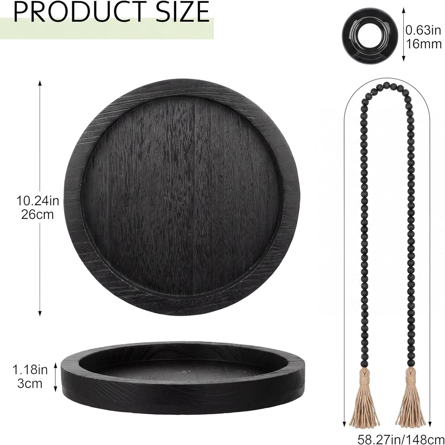 Wooden Serving Tray Wood Bead Garland Tassels / Black / Set of 5