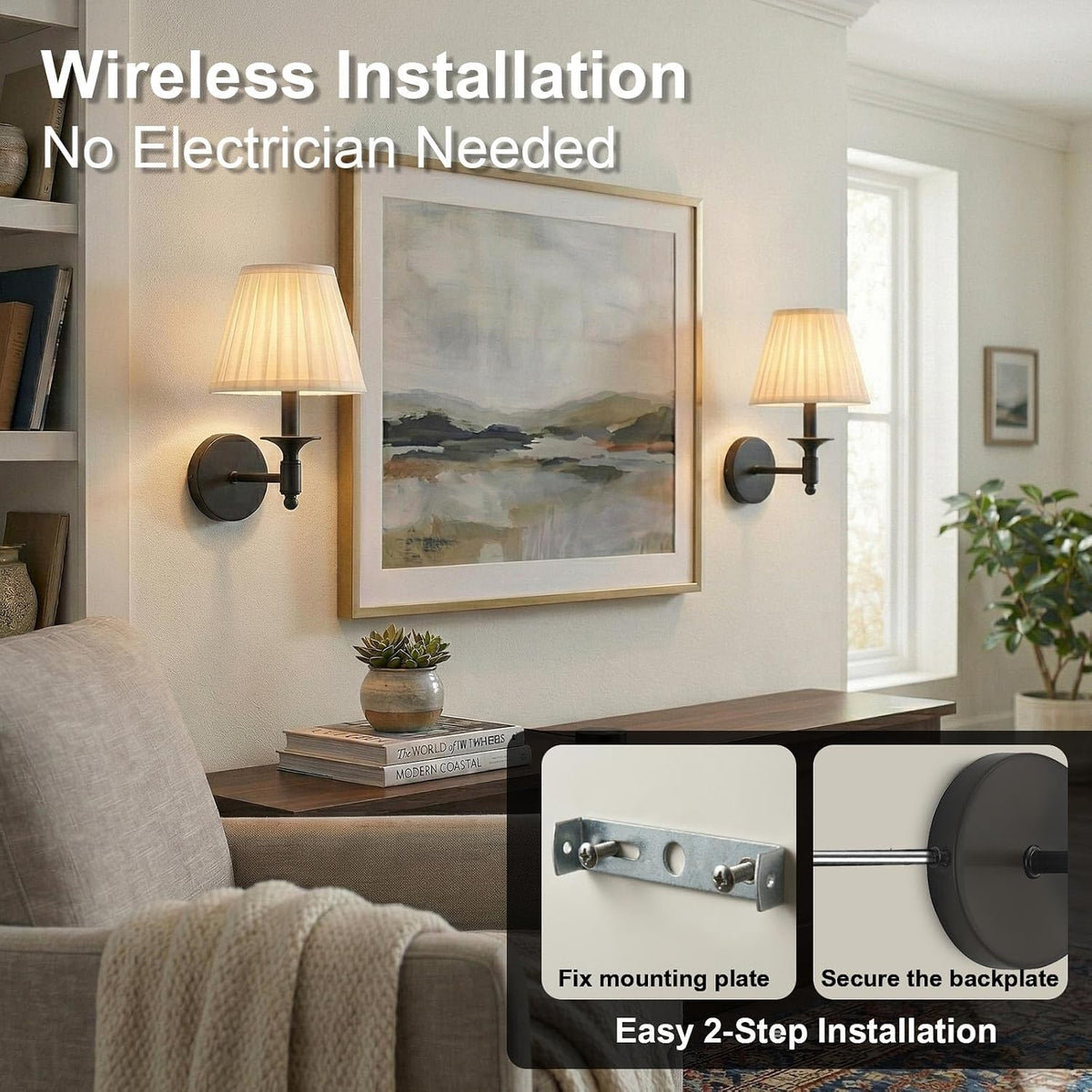 Battery Operated Wall Sconces Set of 2, Black Wireless Wall Lights with 8000mAh 3 CCT Color Temperature & Dimmable