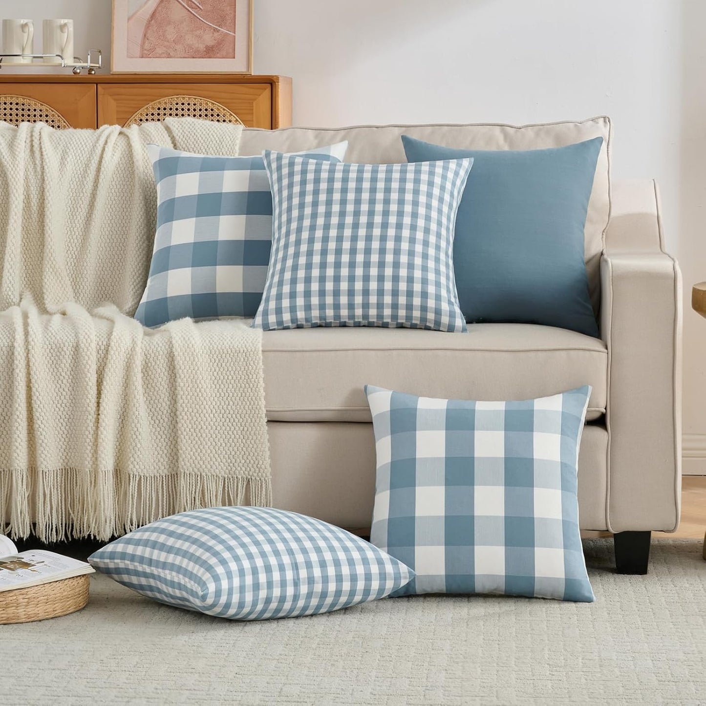 Light Blue Pillow Covers Farmhouse Plaid Throw Pillows Spring / Grey Blue / 18 x 18 / Set of 4
