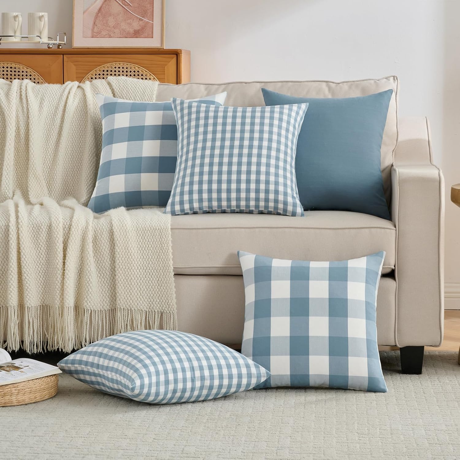 Light Blue Pillow Covers Farmhouse Plaid Throw Pillows Spring / Grey Blue / 18 x 18 / Set of 4