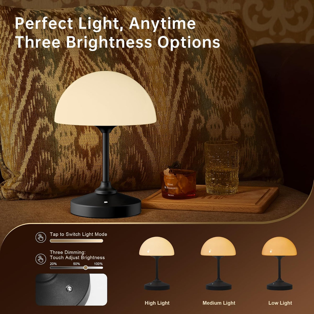Mushroom Lamp Cordless Lamp Table Lamp,Outdoor Waterproof Shower Lamps,5000mAh Rechargeble Battery Operated Dimmable