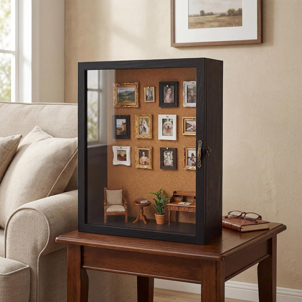 5 Inch Extra Deep Shadow Box Frame, 12x16 Black for Memorabilia Display | Front Opening Retro Lock, with 10 Pins, Clear