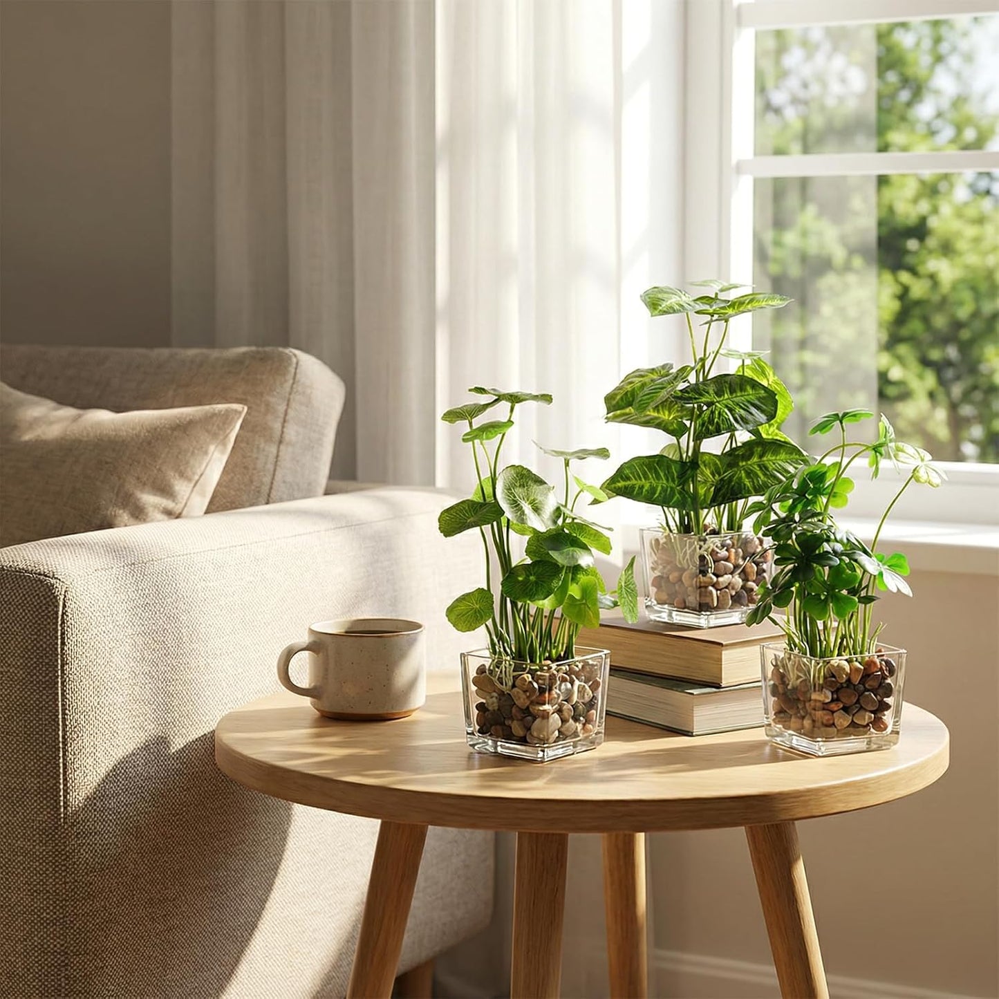 Faux Plant / Small Artificial Potted Plants Indoor in Glass Pot / Clear / 9.5 Inch / Set of 3