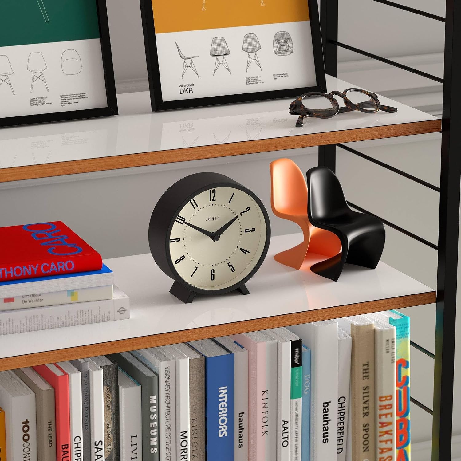 JONES CLOCKS® Venus Desk Clock | Modern Round Design | Black | Stylish Retro Look for Shelf, Table, Mantel or Bedside