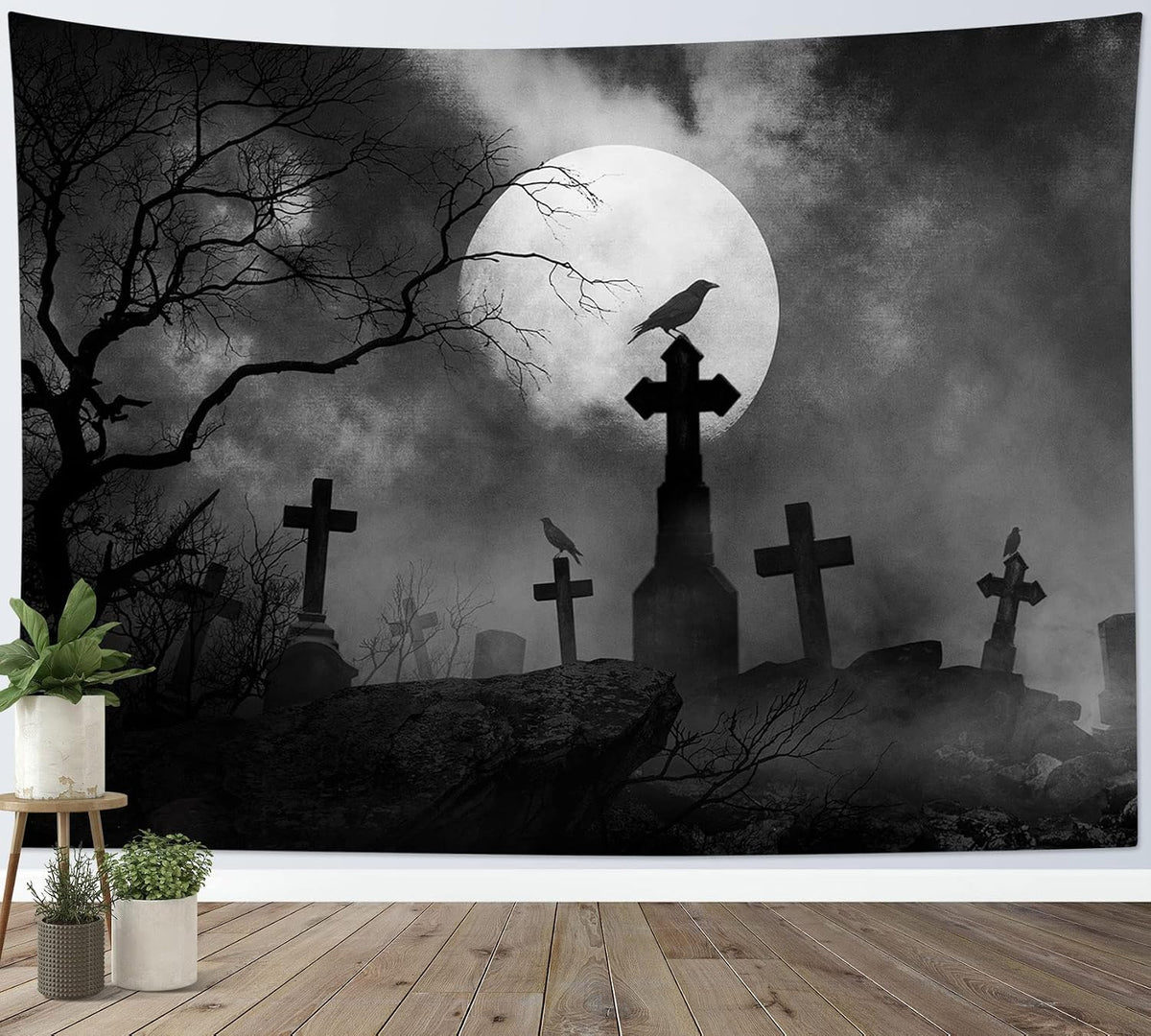HVEST Halloween Tapestry Full Moon Black Crow Tombstone Dead Tree Tapestry for Bedroom, Scary Grey Cemetery Forest Wall Decor Blanket Home Holiday Living Room Decorations, 60W X 40H Inches