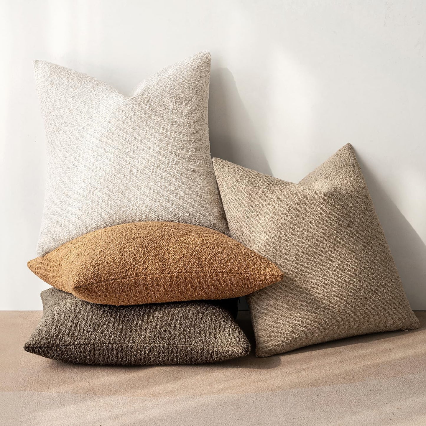 Decorative Textured Boucle Throw Pillow Covers Accent Solid / 18 x 18 / Neutral Brown / Set of 4