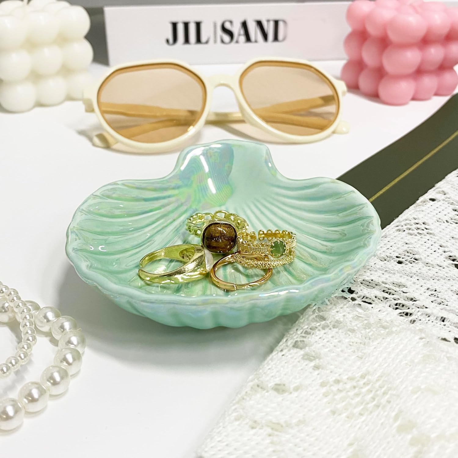 Ceramic Shell Ring Holder Dish / Ice Green