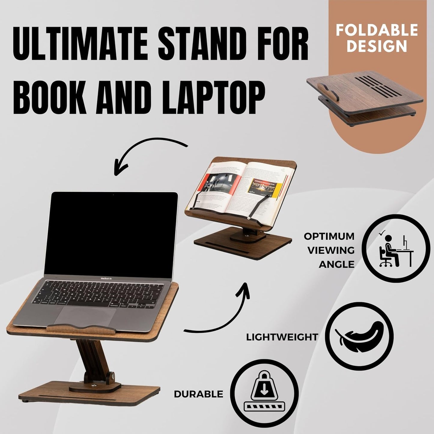 Vigo Wood Book Stand for Reading 360° Adjustable, Wooden Laptop Stand, Cookbooks Holder, Music Scores, Featuring