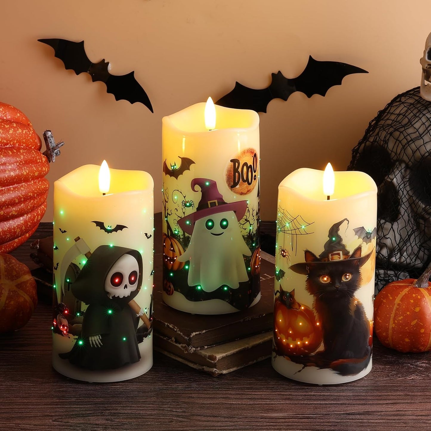 Fiber Optic Halloween Flameless Pillar Candles with Remote 3 Pack | Ghost Cat Bat LED Candles Flickering, 3 AA Battery