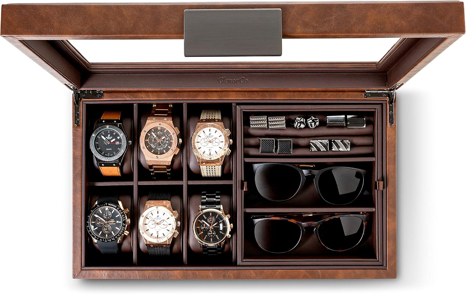 Glenor Co Valet Jewelry Box for Men - Holds 6 Watches, 12 cufflinks, 2 Sunglasses & Tray Storage - Mens Watch Case