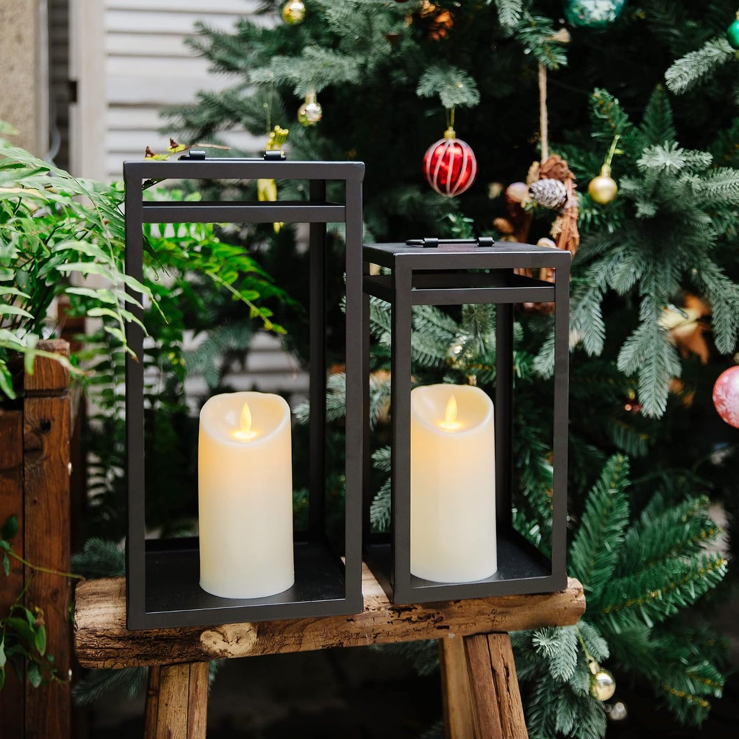 HPC Decor Black Metal Candle Lanterns Set of 2- Lanterns Decorative w/ LED Timer Candles- 15.8'' & 12.6'' Chunky Modern