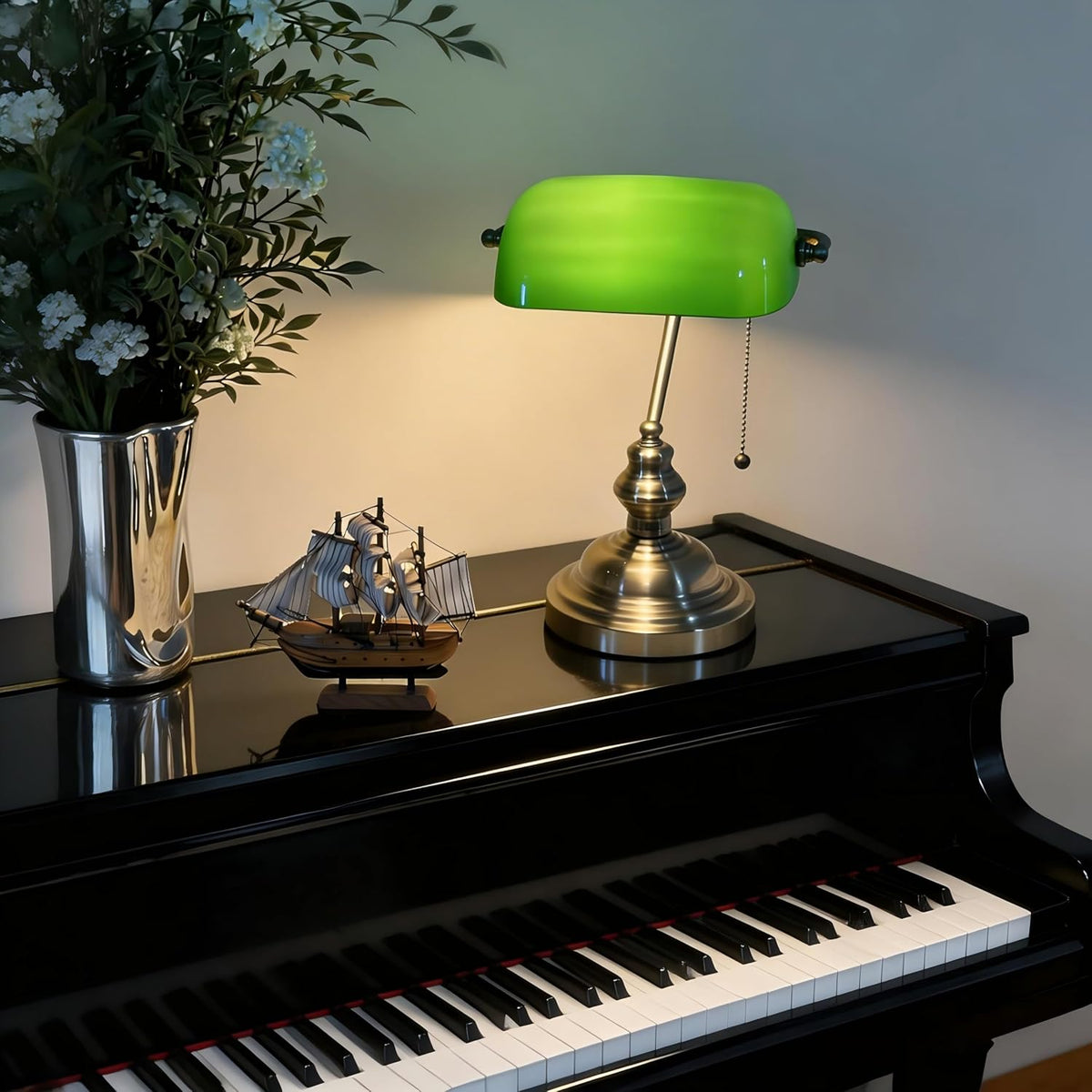 FIRVRE Green Bankers lamp, Antique Desk Lamps with Brass Base, Library Lamp with Pull Chain, Retro Desk Lamp for Home