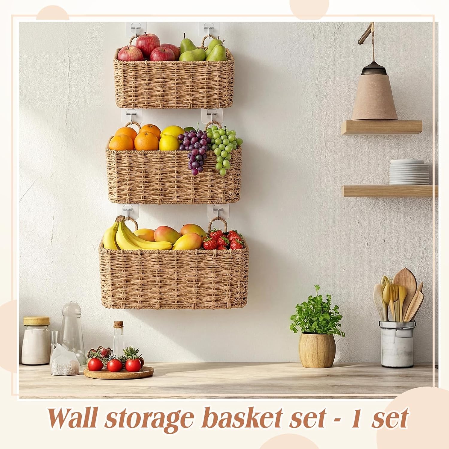 3 Piece Wall Hanging Baskets for Organizing Woven Baskets Sets Boho Style / Natural Tan / Rectangle