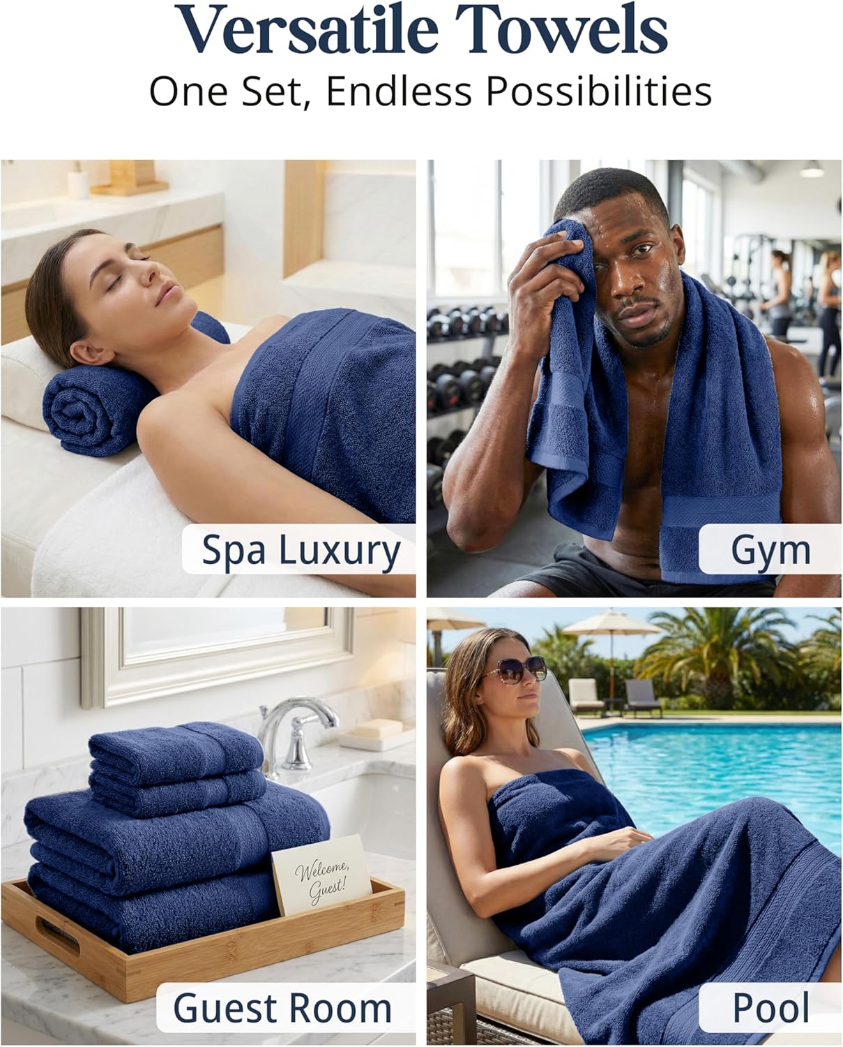 LANE LINEN Bath Towel Set Absorbent Quick Dry 100% Cotton 6 Piece - Navy | Cotton Towels For Bathroom - OEKO-TEX
