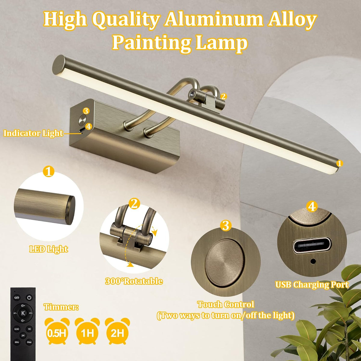 Picture Light for Wall, Antique Brass, 13.8", Remote Control | 4000mAh Cordless,Wall Light, Magnetic for Easy to