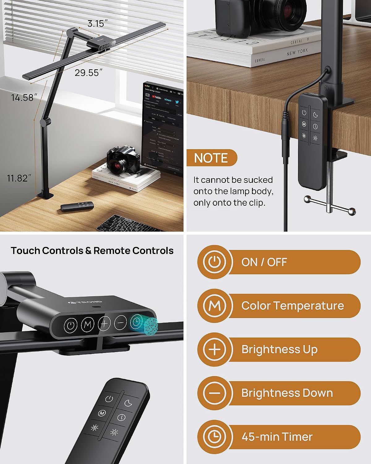 TROND LED Desk Lamp with Clamp, 29.55'' Tall Desk Light with Remote, Black | 1500LM Bright Table Lamp, Swing Arm Clip