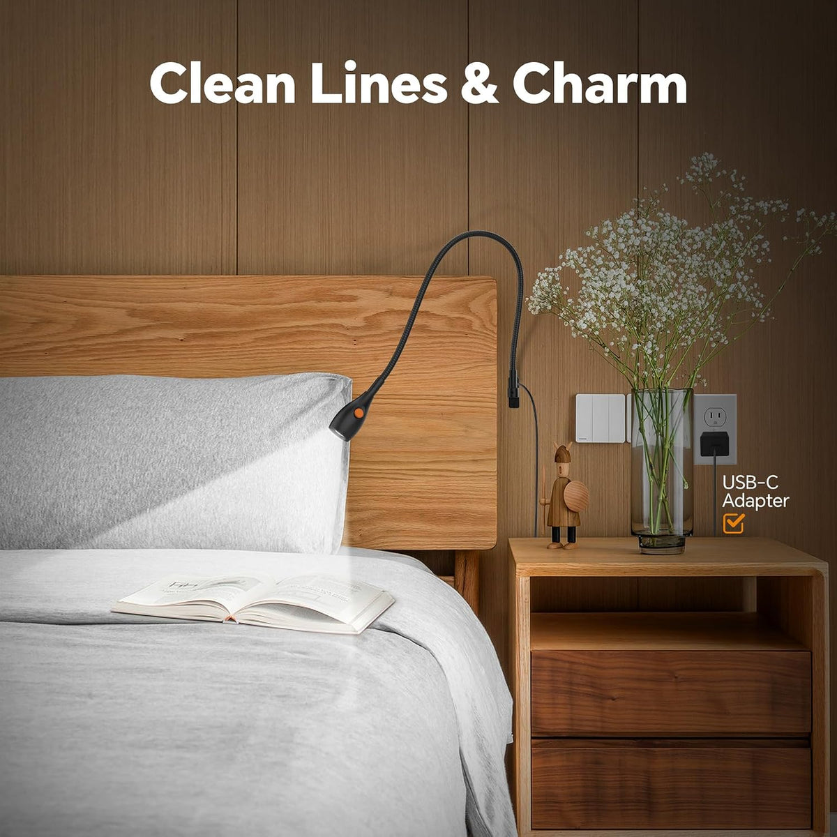 Wall Mounted Reading Light, Headboard Light with Lamp Head Switch | Minimalist Design, USB-C Powered, CRI 95+,4000K +