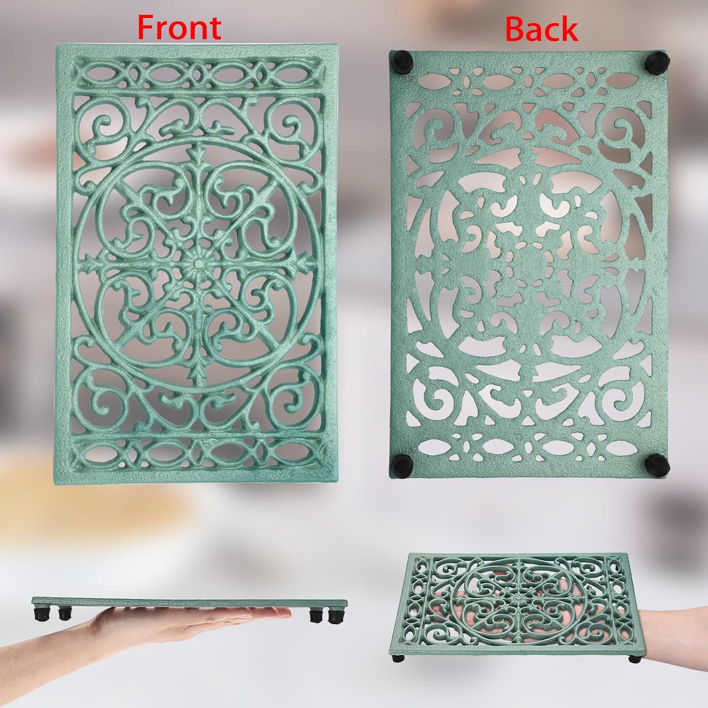 Sumnacon Cast Iron Trivet 2Pcs Heat Resistant Trivets for Hot Pots and Pans | 9.6 x 6.3 Inch Metal Trivets with Rubber