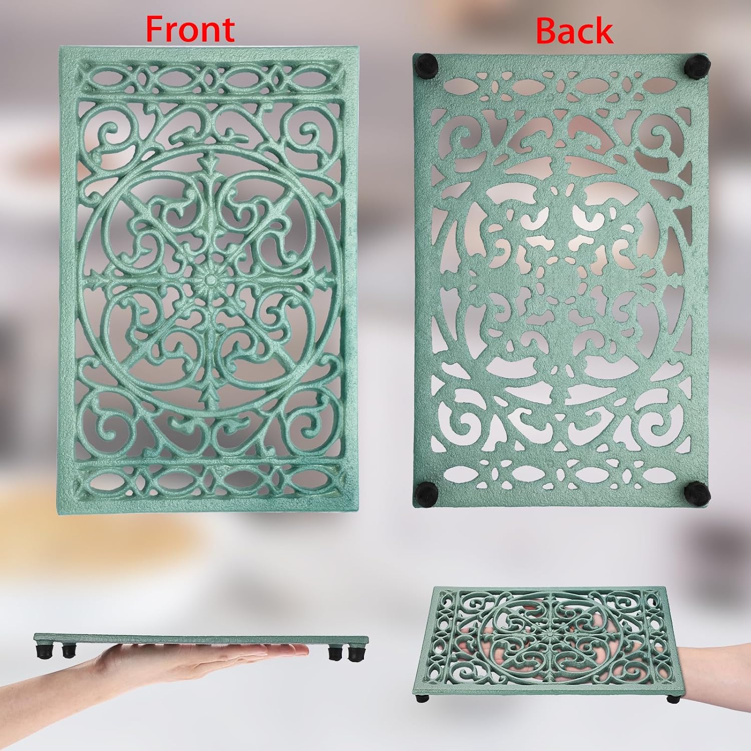 Sumnacon Cast Iron Trivet 2Pcs Heat Resistant Trivets for Hot Pots and Pans | 9.6 x 6.3 Inch Metal Trivets with Rubber
