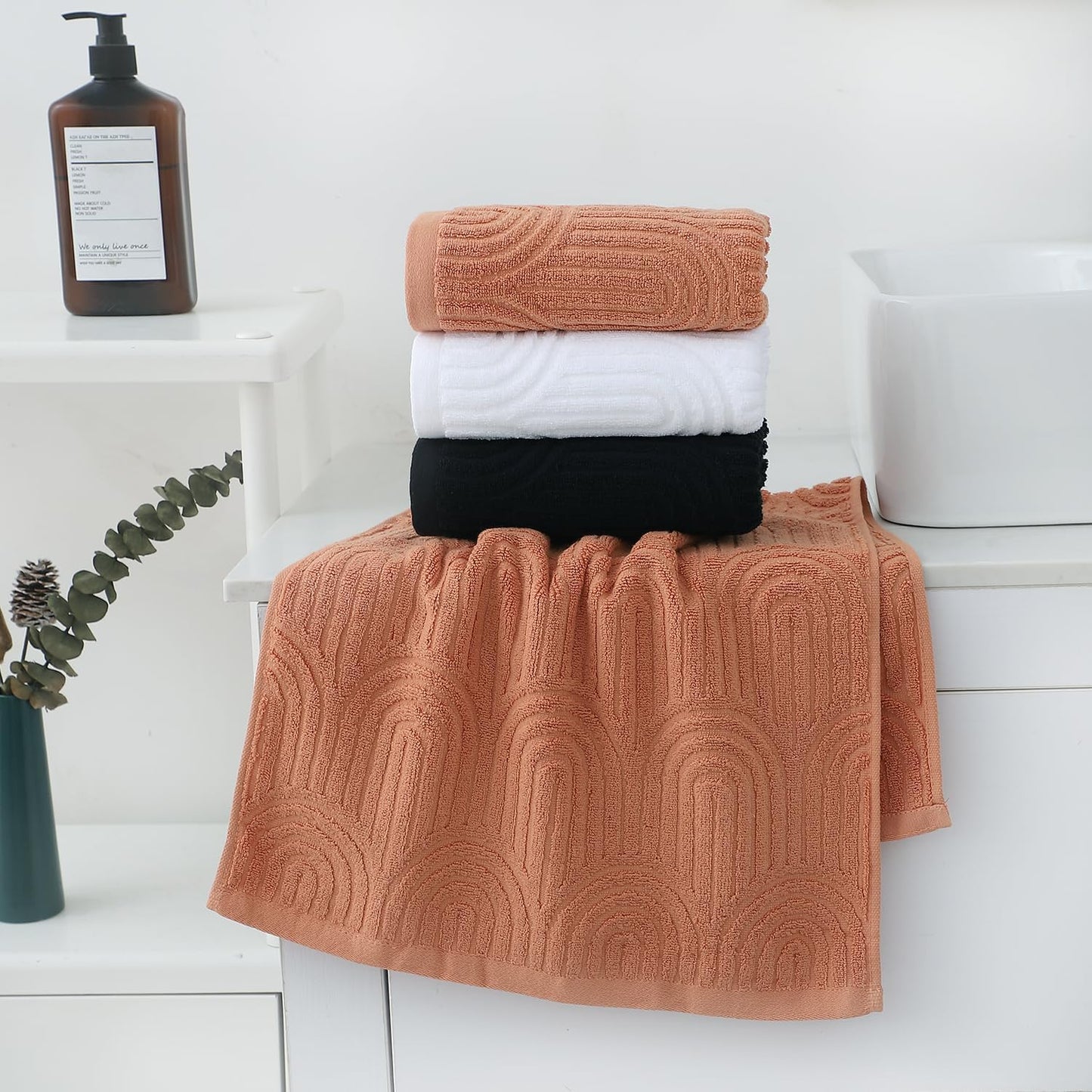 Hand Towels Set of 4 Striped Pattern 100% Cotton Absorbent Soft Decorative Towel for Bathroom (Burnt Orange)