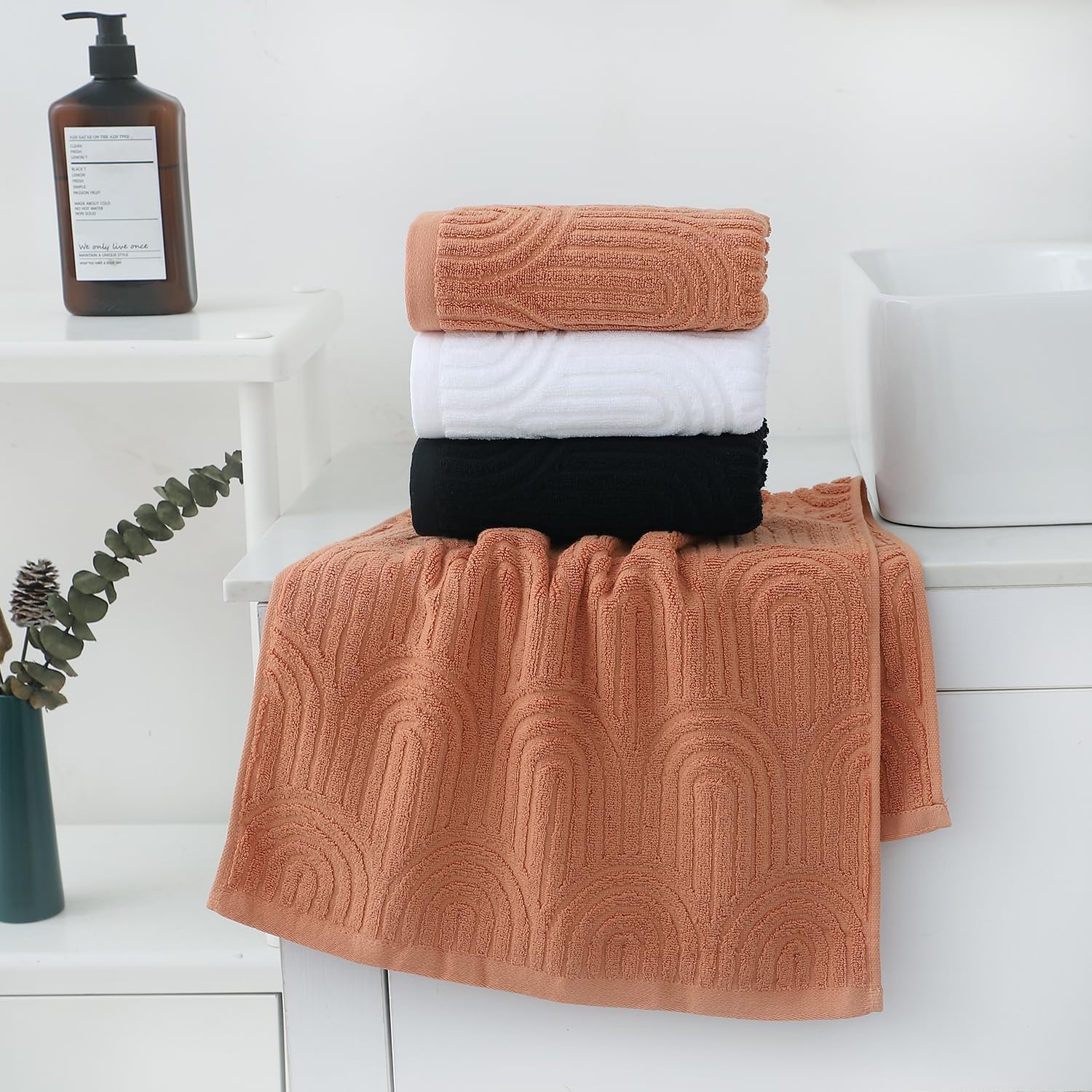 Hand Towels Set of 4 Striped Pattern 100% Cotton Absorbent Soft Decorative Towel for Bathroom (Burnt Orange)