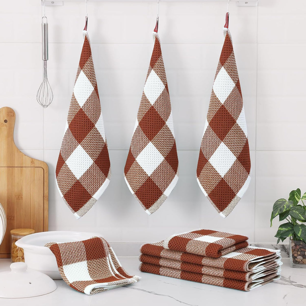 Homaxy Kitchen Towels and Dishcloths Set, Set of 16, White & Rust | Bulk Cotton Waffle Weave Check Plaid Kitchen