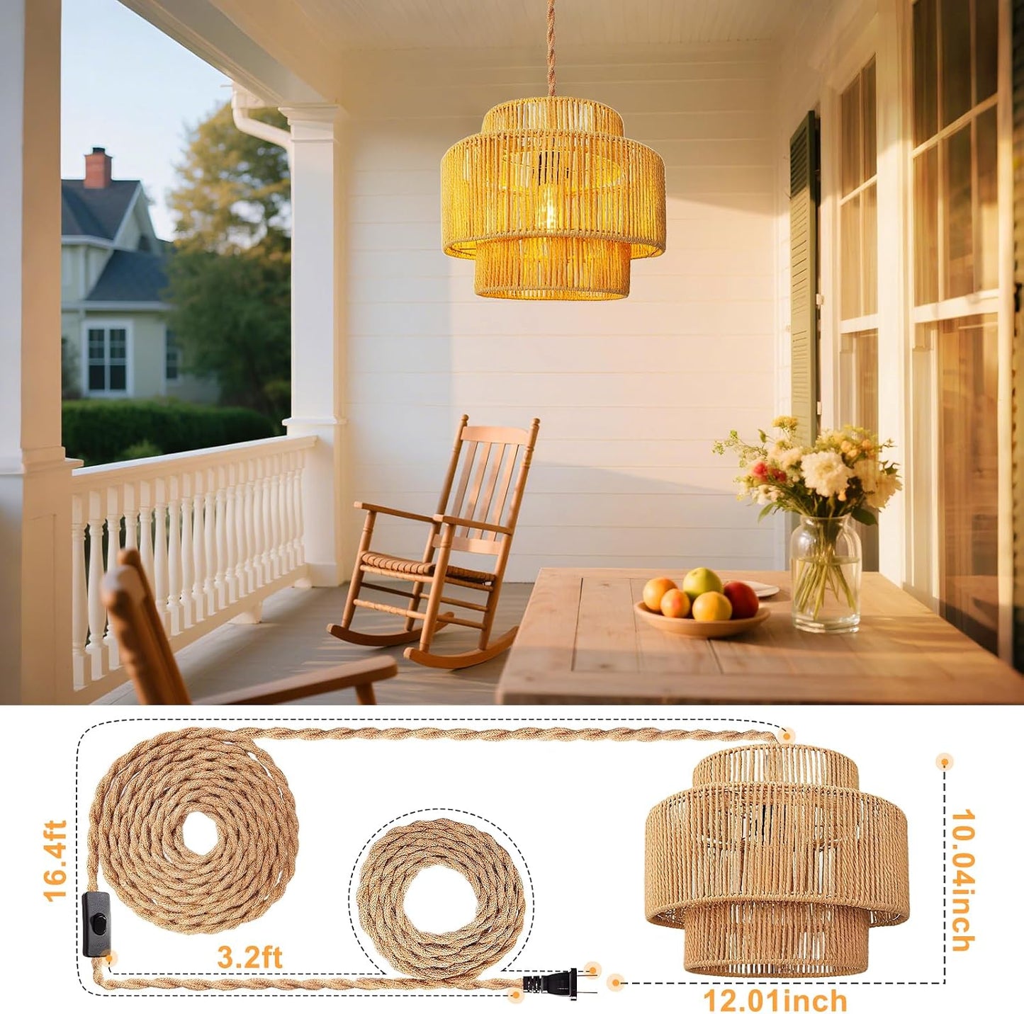 Hanging Light Ceiling Lamp Pendant Lights Rattan Hanging Lamp / 12 Inch-lantern Shade