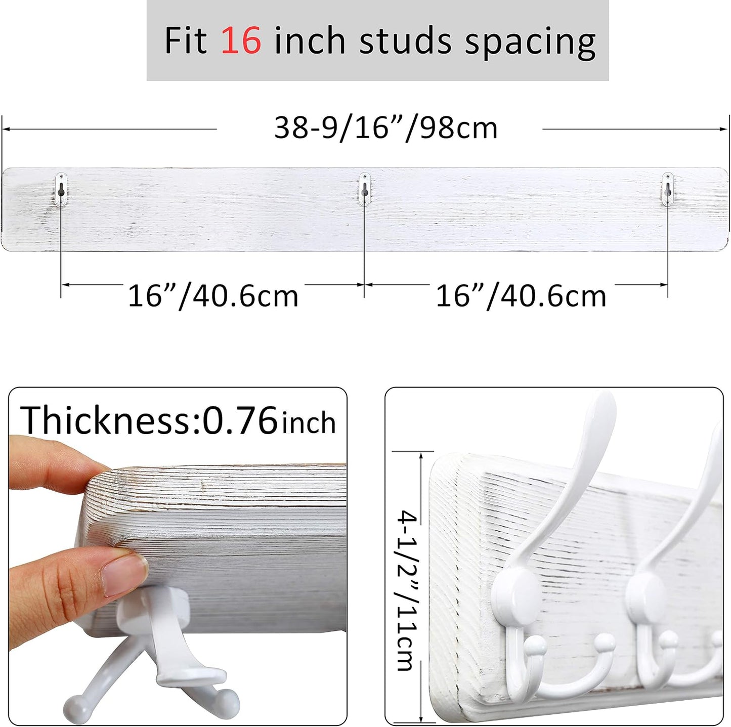 WEBI Coat Rack Wall Mount White,38 9/16" Long Coat Hooks Wall Mounted,Large Wall Coat Hanger,10 Tri Hooks for Hanging