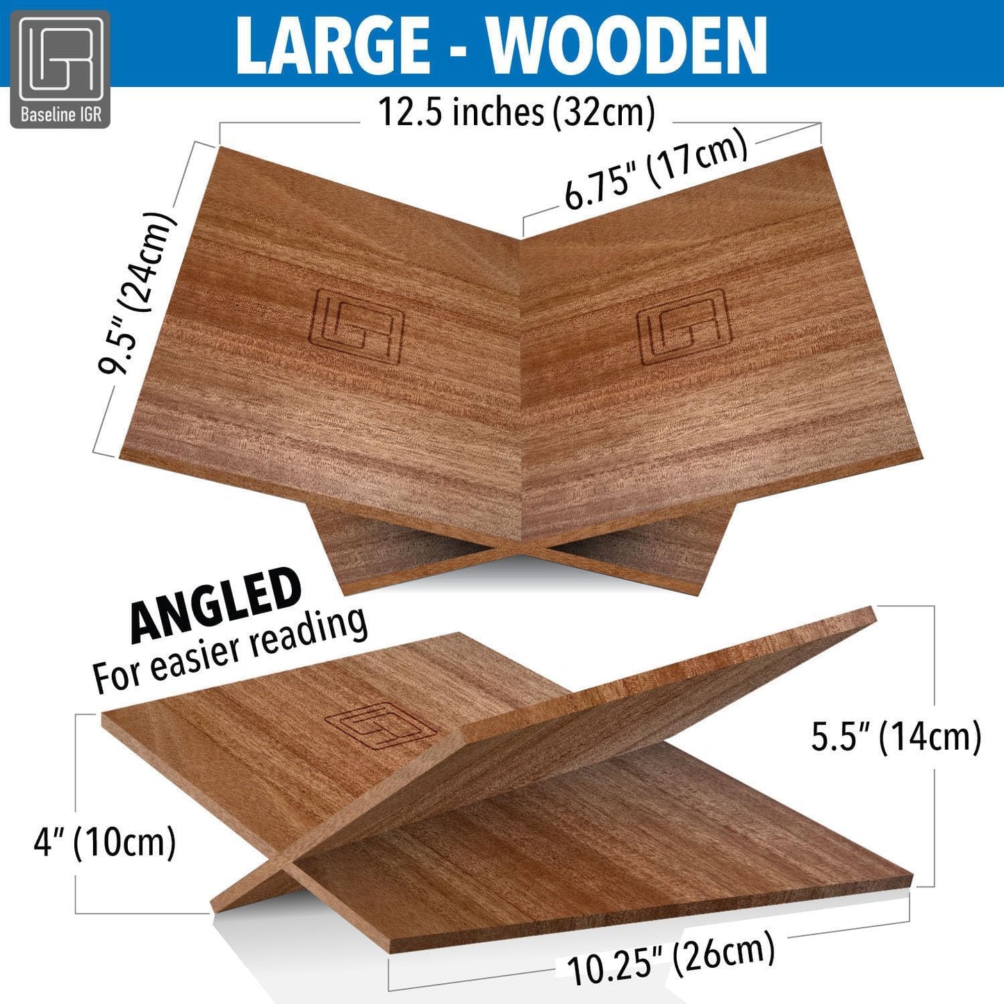 Large Wood Book Stand, 12.5" x 9.5" x 5.5”, Angled Natural Mahogany Wooden Book Holder, Open Bookstand for Display and