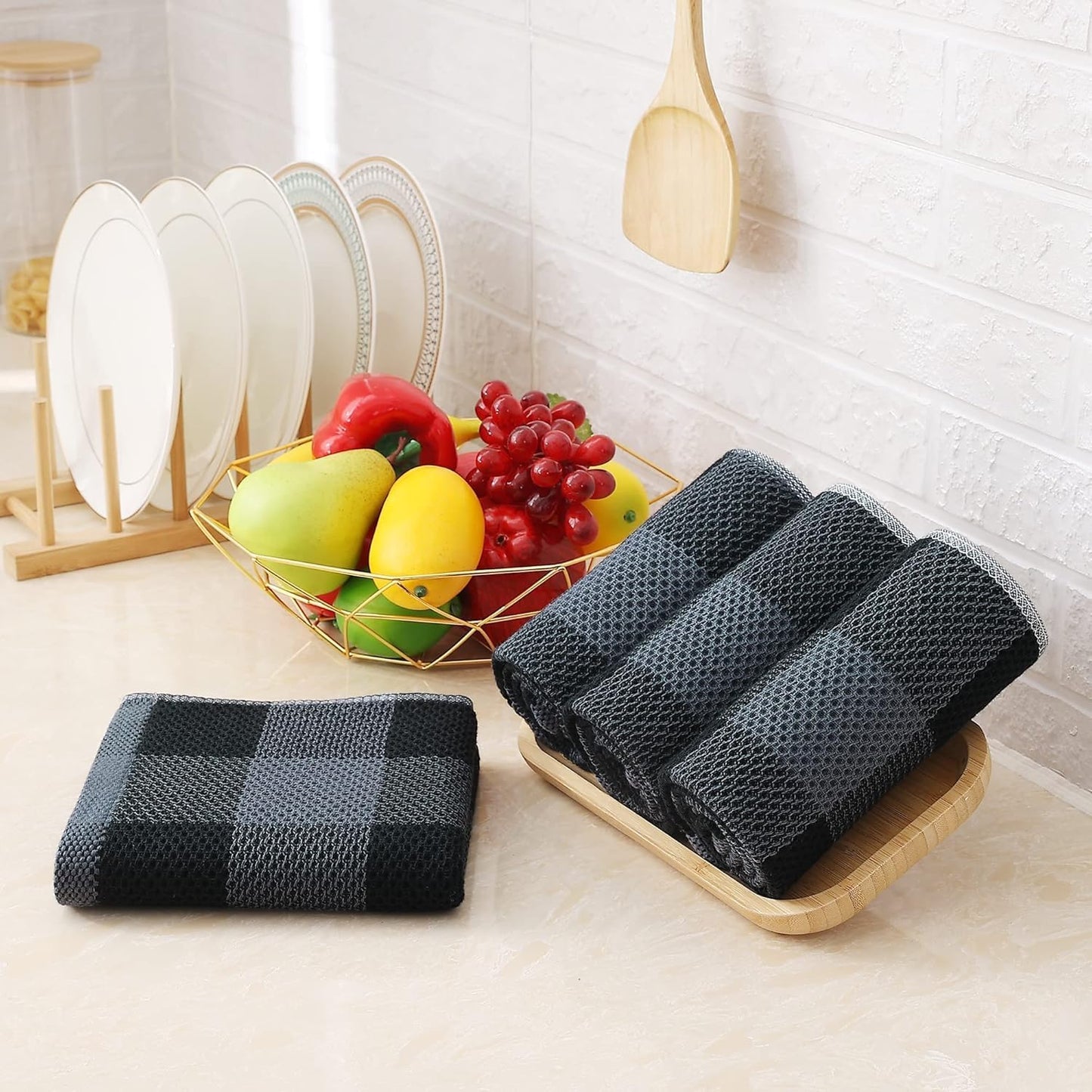 Homaxy Kitchen Towels and Dishcloths Set, Set of 12, Black & Grey | Bulk Cotton Waffle Weave Check Plaid Kitchen