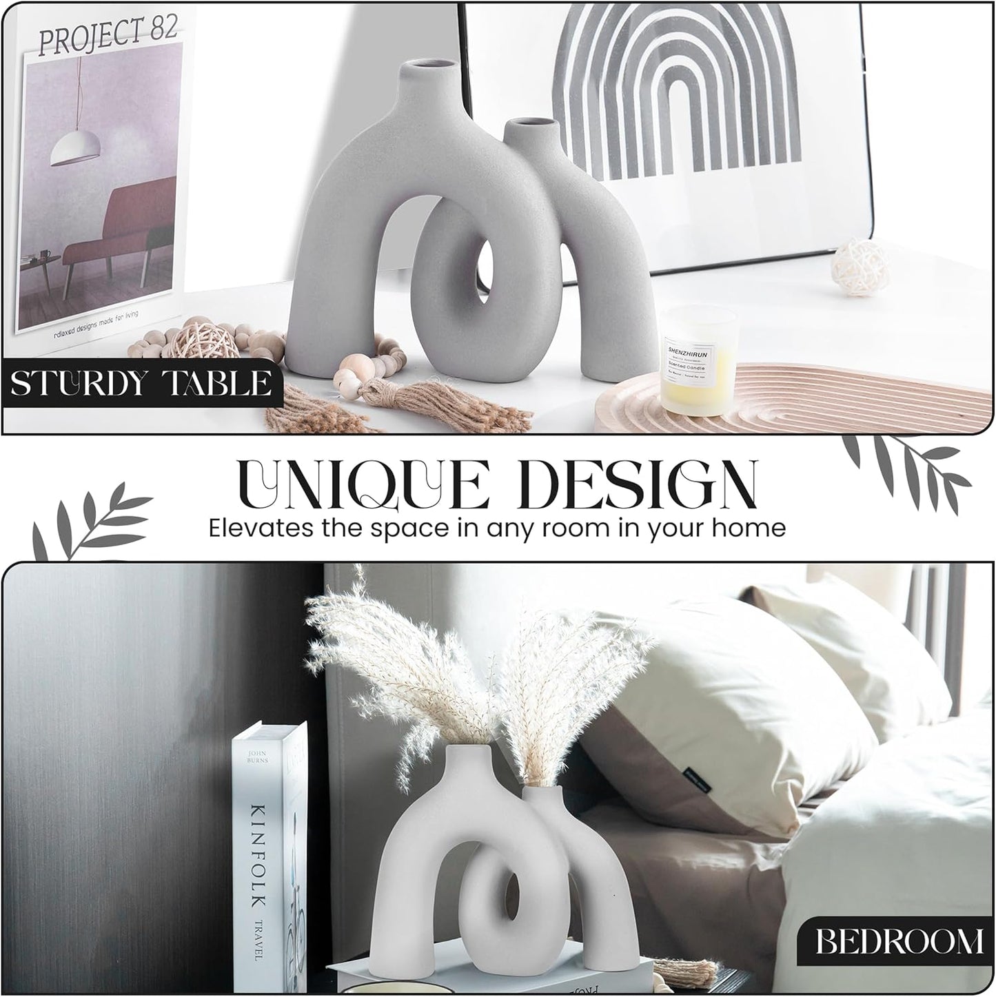 Ceramic Hug Vase Modern Donut Style Hugging Vases for Flowers Minimalist Decor / Soft Gray