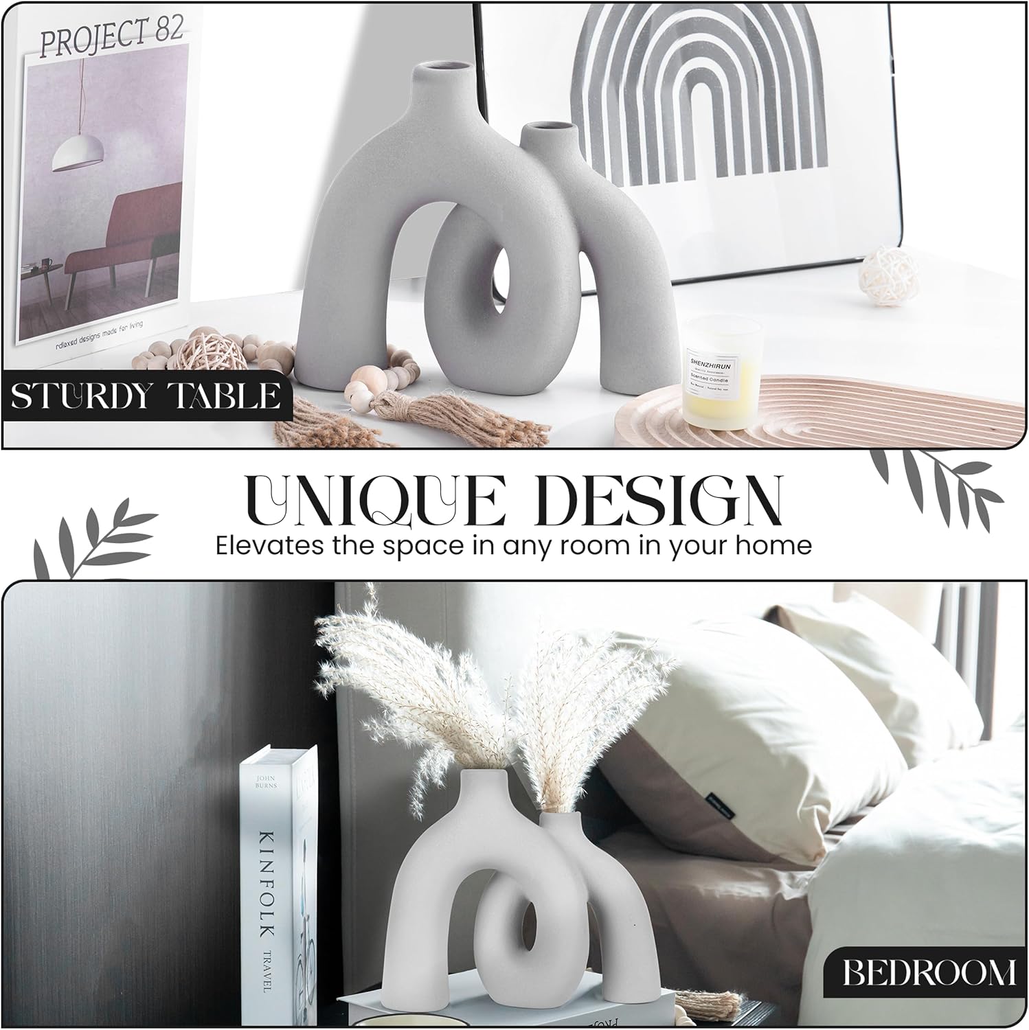 Ceramic Hug Vase Modern Donut Style Hugging Vases for Flowers Minimalist Decor / Soft Gray