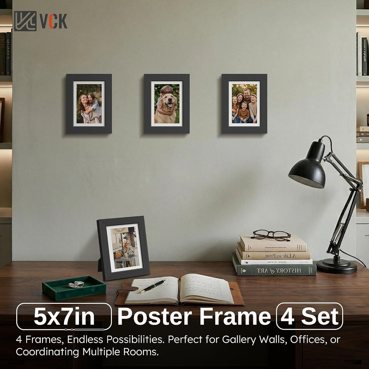 VCK 5x7 Picture Frame Black 4 Pack, Wide Thick Wood Border, for Photos | Exclusive Woodgrain, Wall/Tabletop, HD