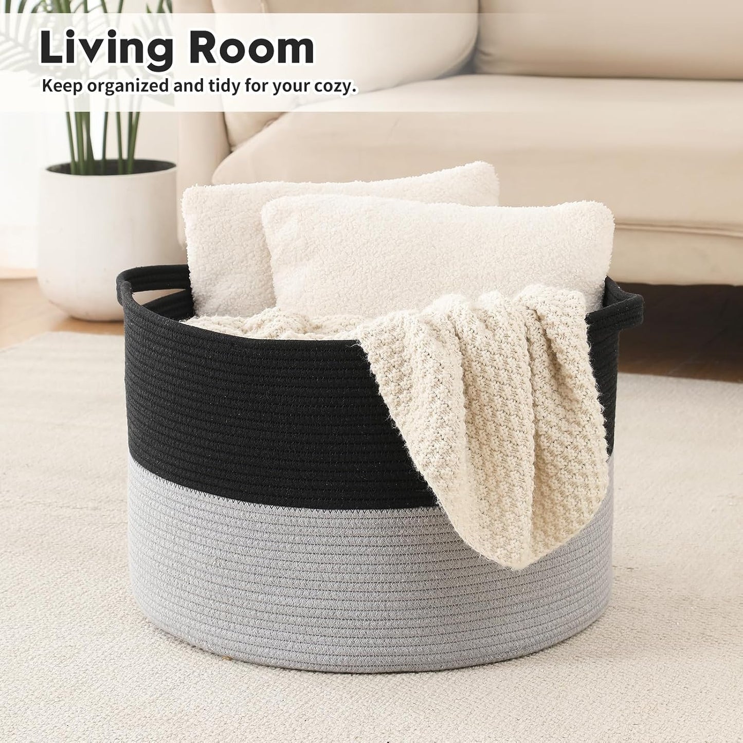 Collapsible Handle Cotton Rope Soft Woven Fabric Storage Organizer Clothes Toys / Black & Grey / 65L