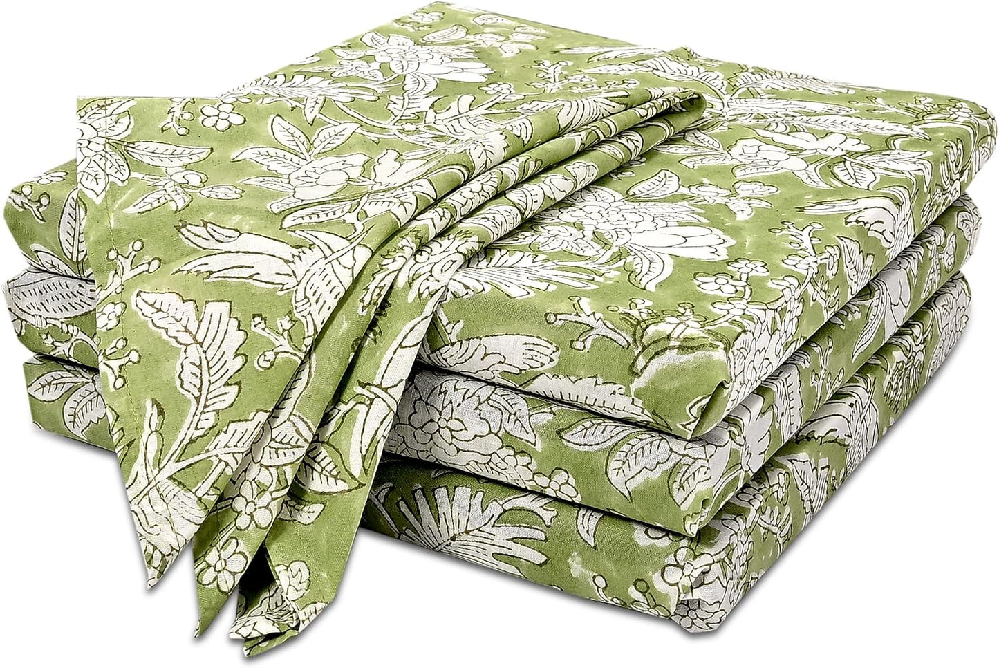 CPC Olive Green Indian Block Print Cotton Cloth Napkins Set of 4, 18x18 Reusable Everyday Napkins, Soft, Absorbent