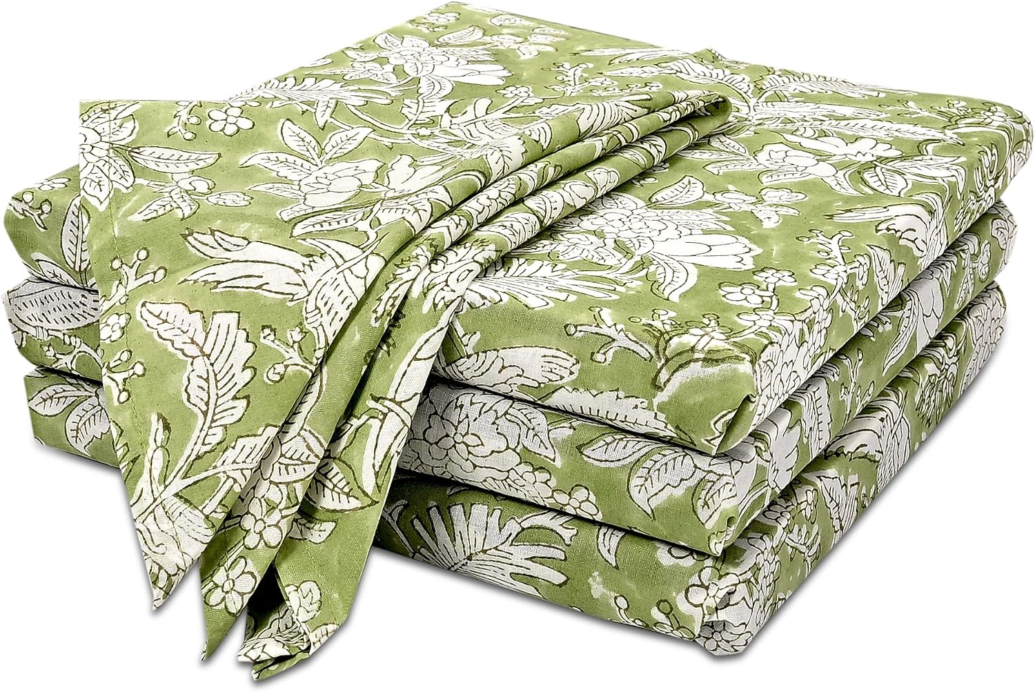 CPC Olive Green Indian Block Print Cotton Cloth Napkins Set of 4, 18x18 Reusable Everyday Napkins, Soft, Absorbent