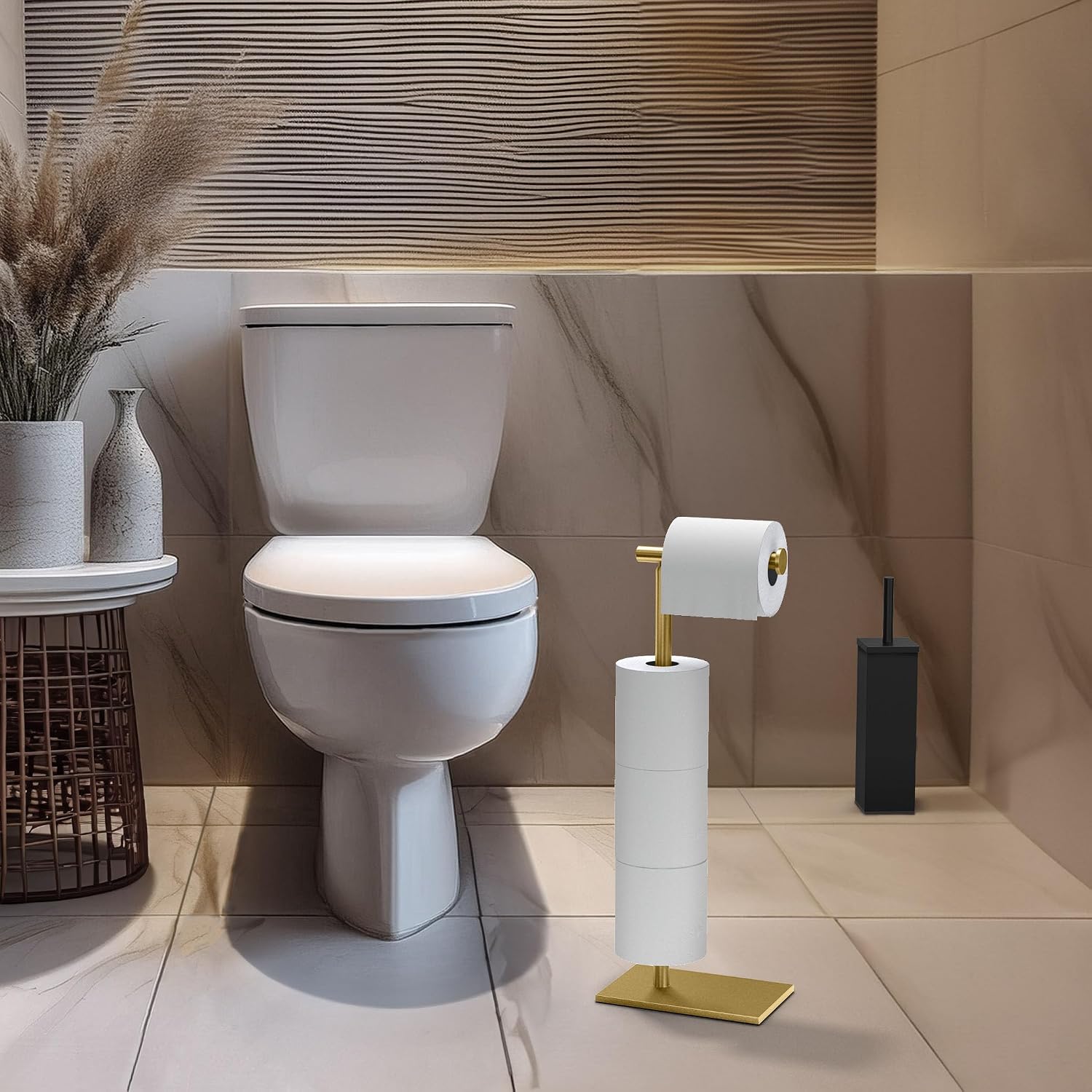 Gatco 1443B, Modern Rectangle Base Freestanding Toilet Paper Holder with Storage, 21.13”H, Brushed Brass