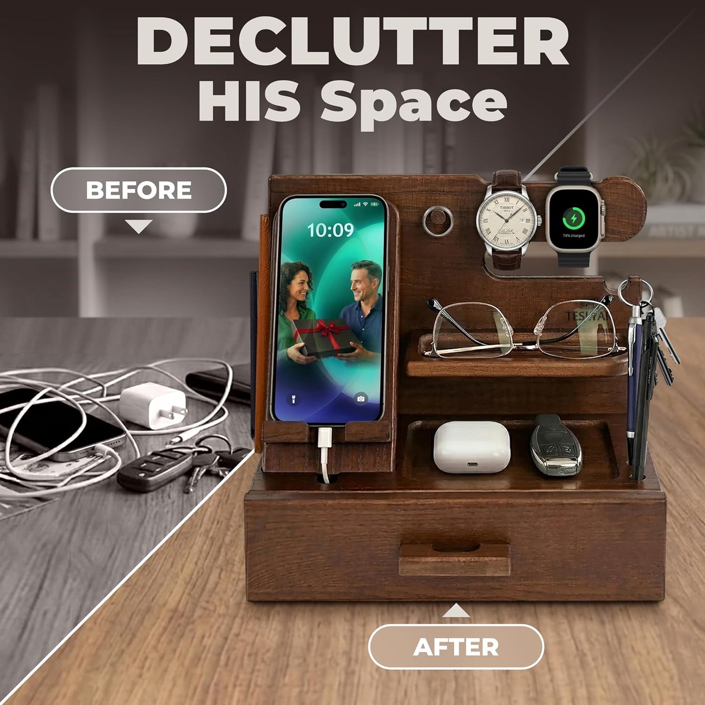 TESLYAR Wood Phone Docking Station with Drawer - Nightstand Organizer - Desk Organizer for Husband - Birthday Gifts for