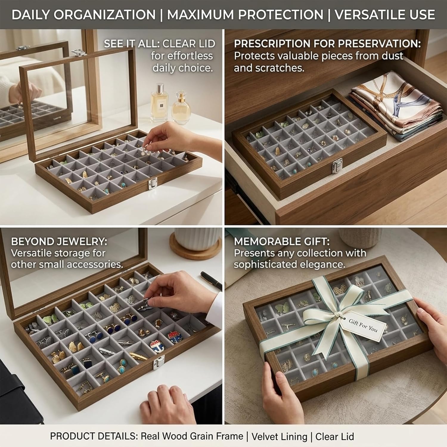 40 Grid Wood Jewelry Organizer / Grey / Set of 40