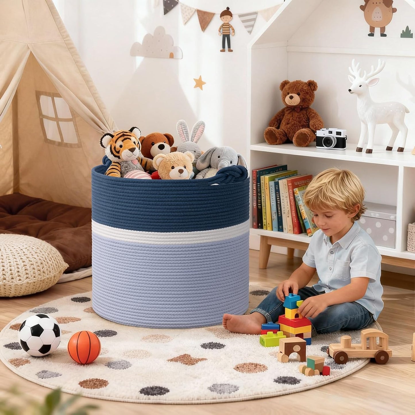 Baby Boy Gifts Basket for Nursery Playroom / Blue / 17 x 16