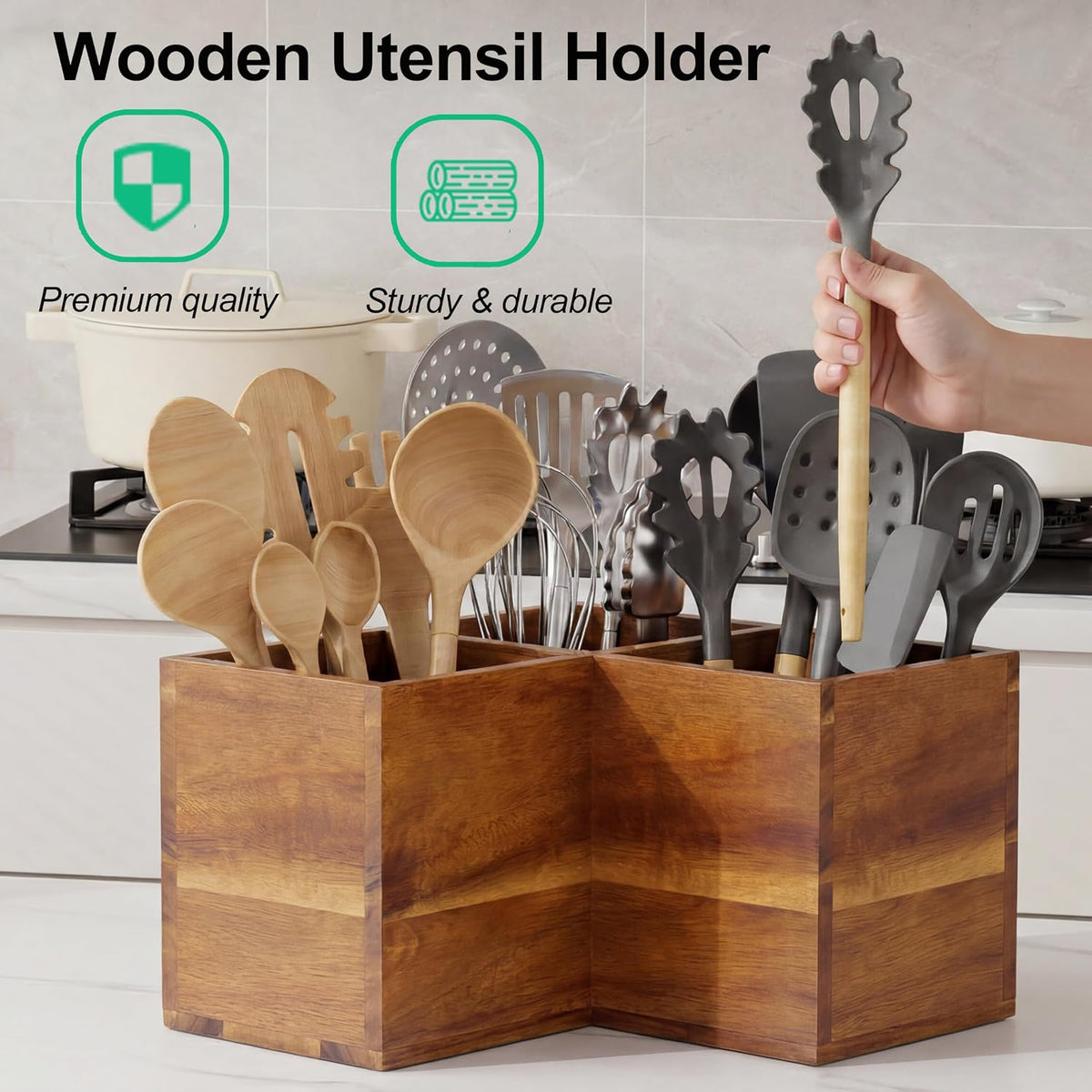 ZUJJAFY Utensil Holder, Corner Utensil Holder for Kitchen Counter, Acacia Wood Kitchen Utensil Holder for Countertop