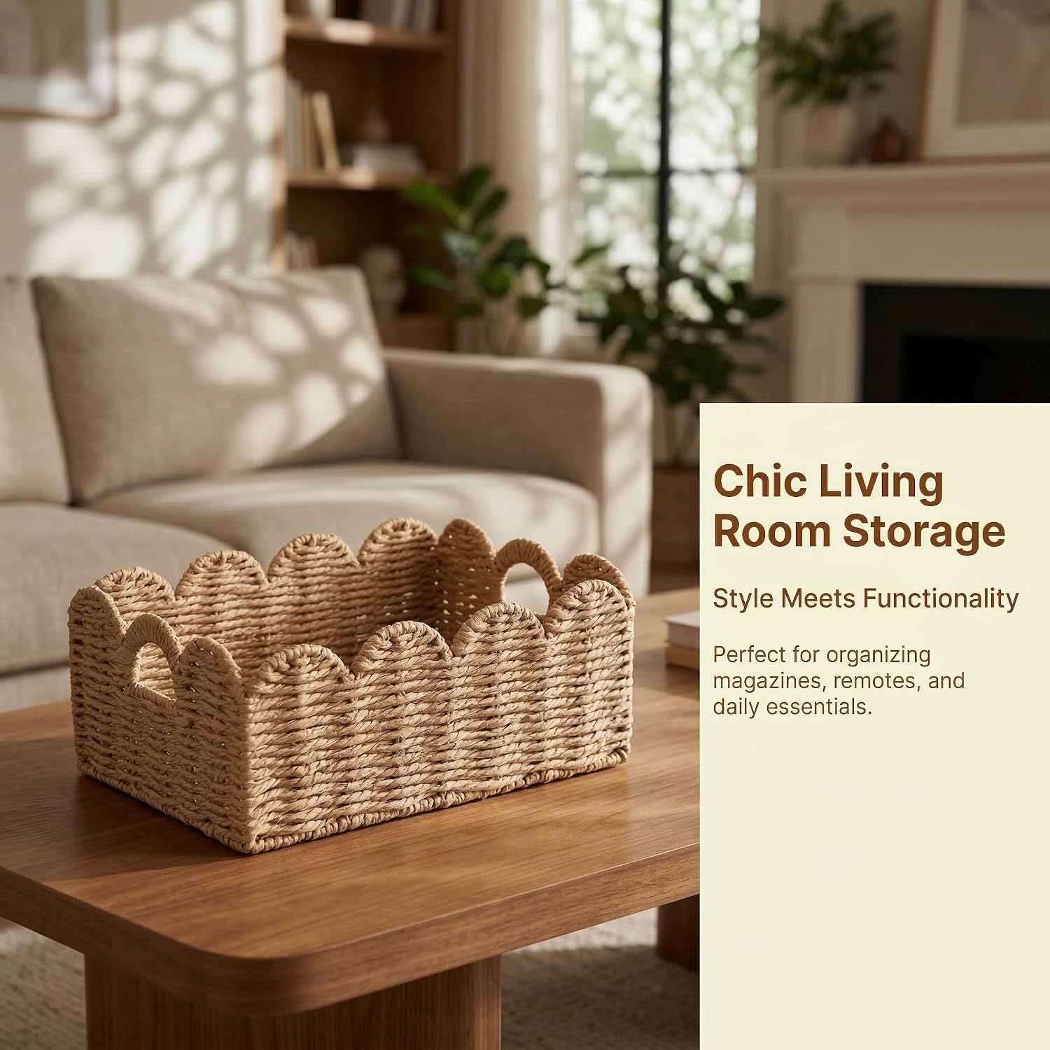 Scalloped Wicker Baskets / Tan / Set of 3