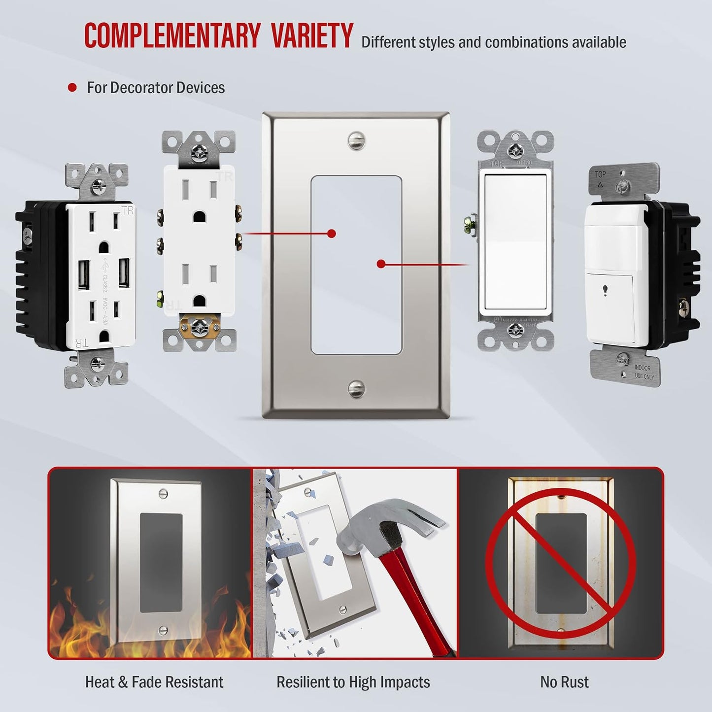 ENERLITES Decorator Switch or Outlet Metal Wall Plate, Stainless Steel 201, Corrosion Resistant, Size 1-Gang 4.50" x