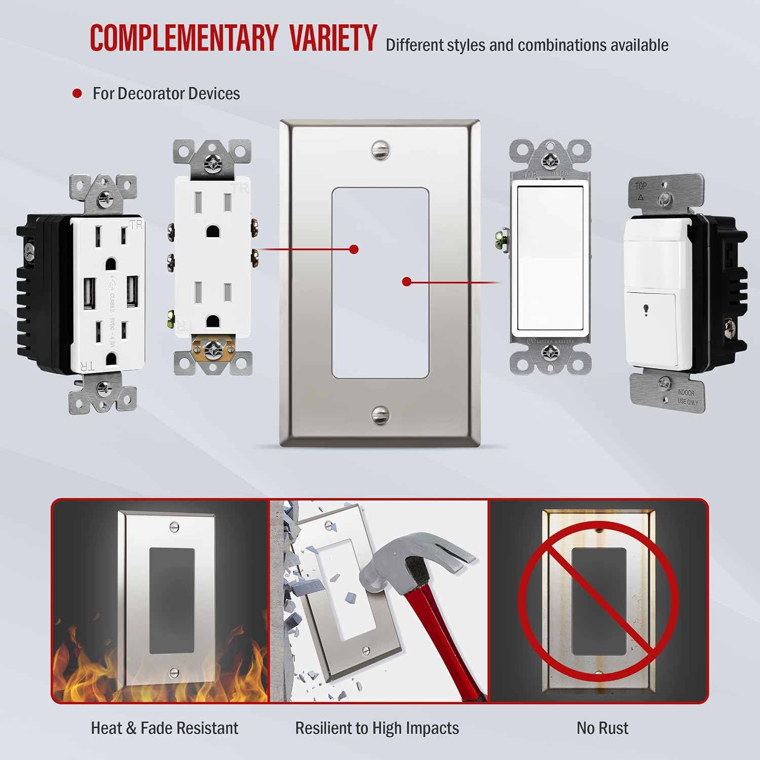 ENERLITES Decorator Switch or Outlet Metal Wall Plate, Stainless Steel 201, Corrosion Resistant, Size 1-Gang 4.50" x