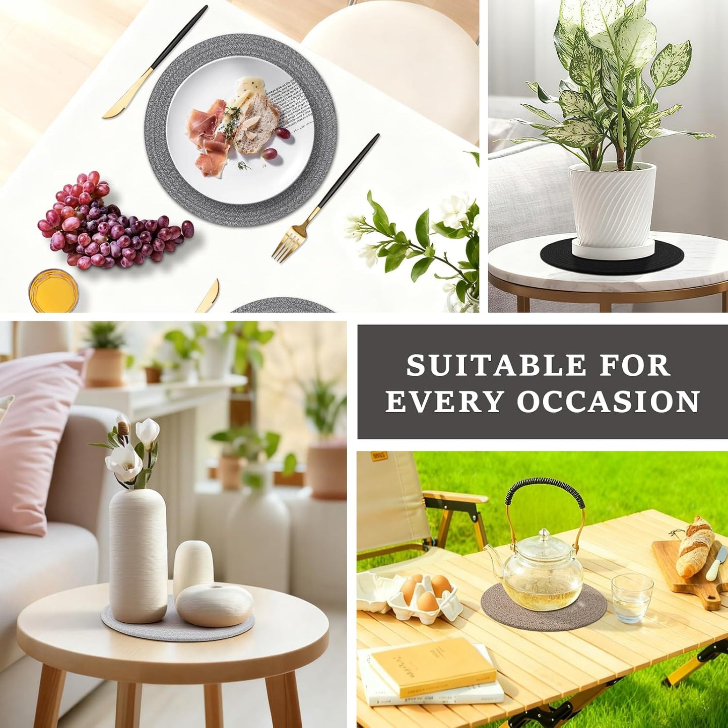 Round Placemats Set of 6, Cotton Rope Woven Table Mats, Hot Pads for Kitchen, Non Slip Heat Resistant Place Mats, 13