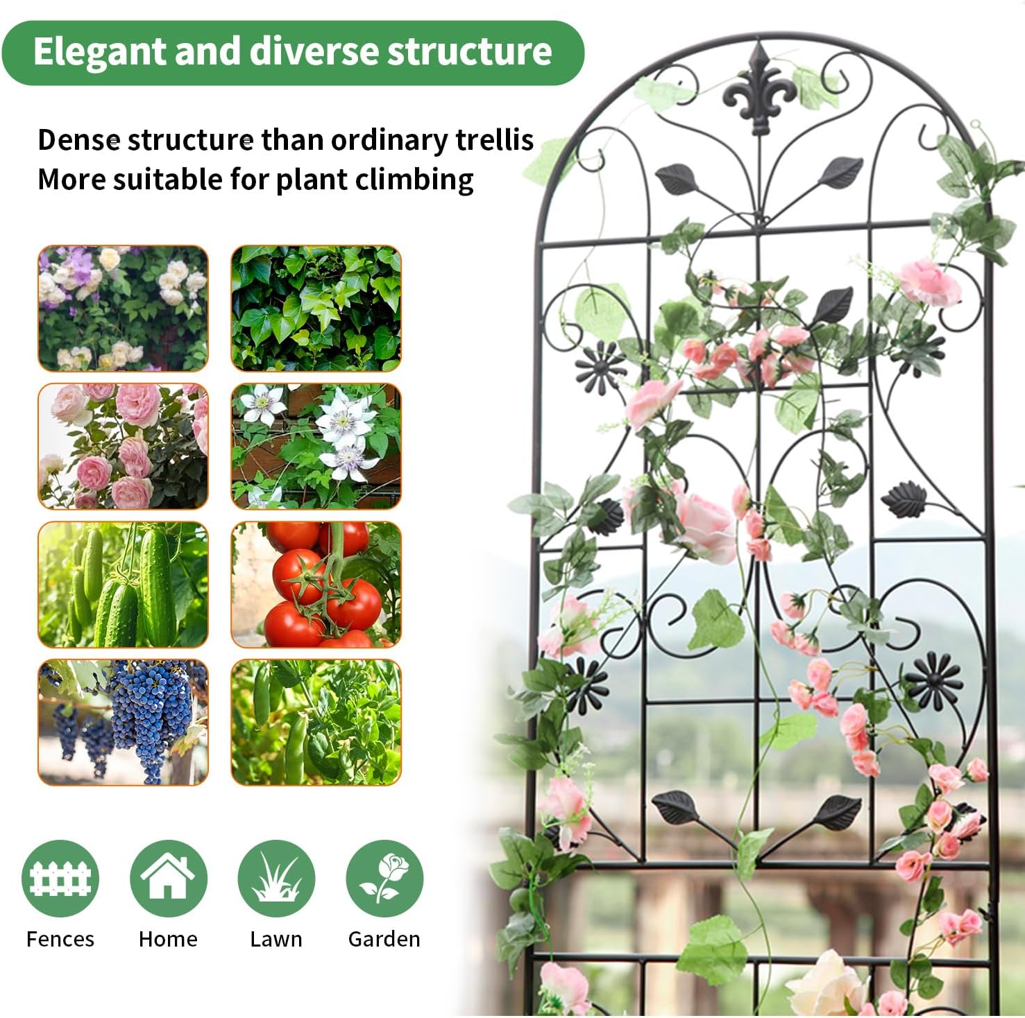 70.8" Metal Garden Trellis for Climbing Plants, 2 Pack Black | Rustproof steel lattice supports roses, clematis