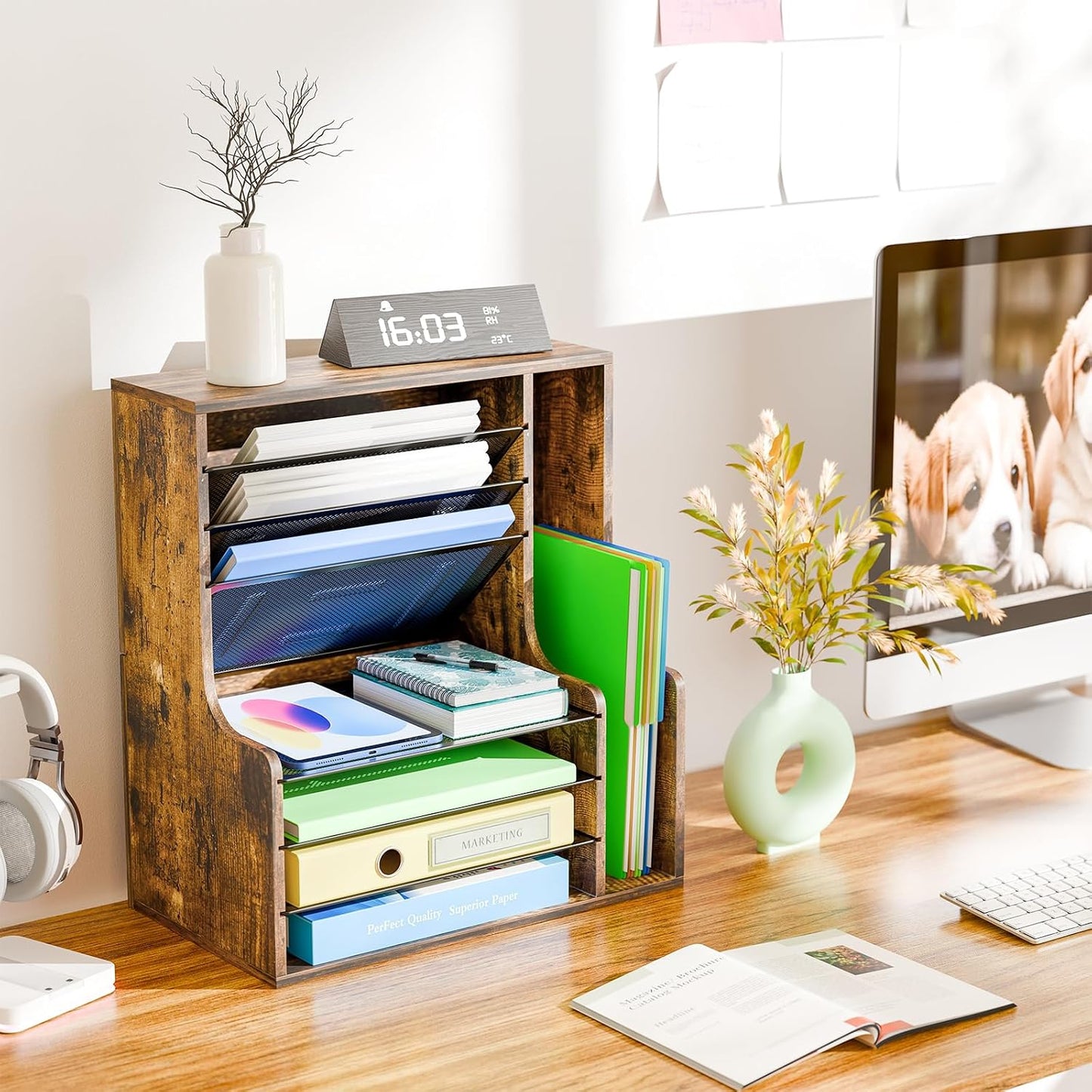 Simple Trending 7- Tier Desk File Organizer, Paper Organizer, Rustic Brown | Adjustable Letter Trays, Wooden Desk