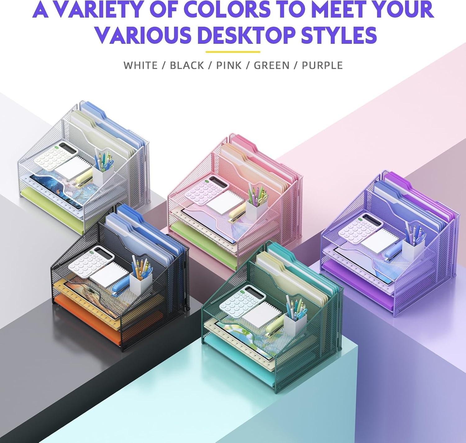 Samstar Purple Desk File Organizer, Mesh Letter File Folder Holder with 3 Paper Trays and 2 Vertical Upright Section